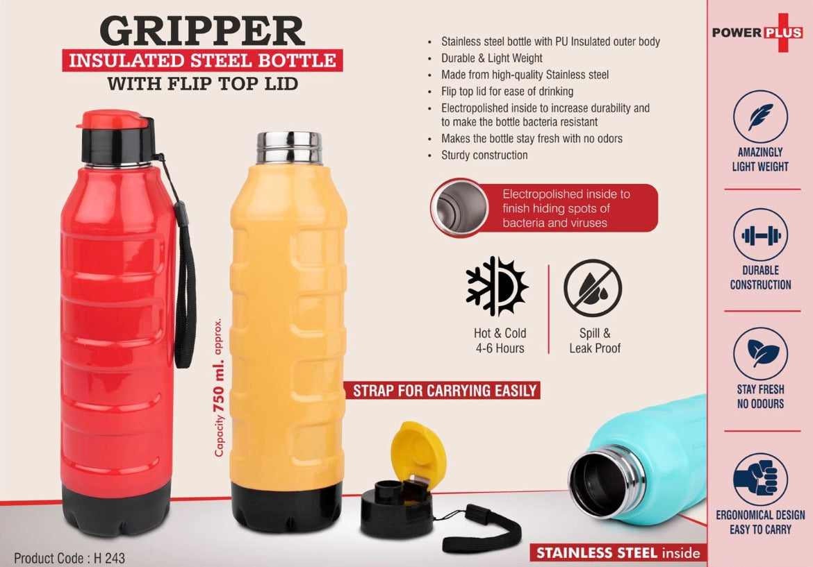 Grip-On: Push button bottle with silicon grip (600ml approx)