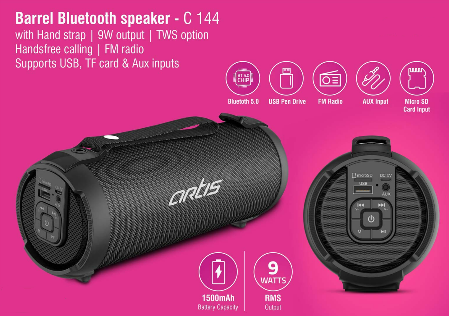 Barrel Bluetooth Speaker With Hand Strap | 9W Output | TWS Option | Handsfree Calling | FM Radio | Supports USB, TF Card & Aux Inputs (BT77)