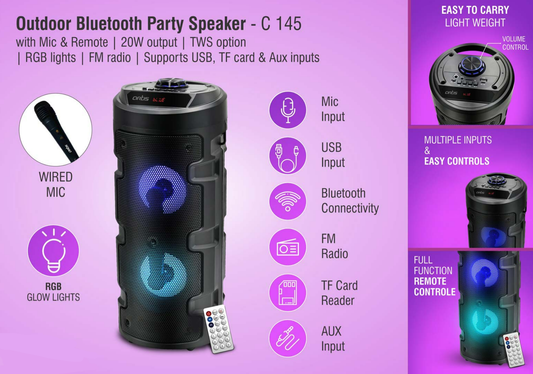 Outdoor Bluetooth Party Speaker With Mic & Remote | 20W Output | TWS Option | RGB Lights | FM Radio | Supports USB, TF Card & Aux Inputs (MS301)