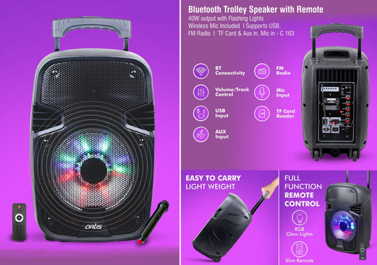 Bluetooth Trolley Speaker With Remote | 40W Output With Flashing Lights | Wireless Mic Included | Supports USB, FM Radio, TF Card, Aux In, Mic In (BT908)