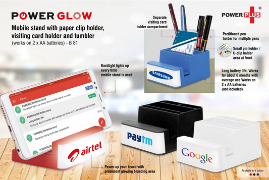 Powerglow Mobile stand with paper clip holder, visiting card holder and tumbler (works on 2 x AA batteries)