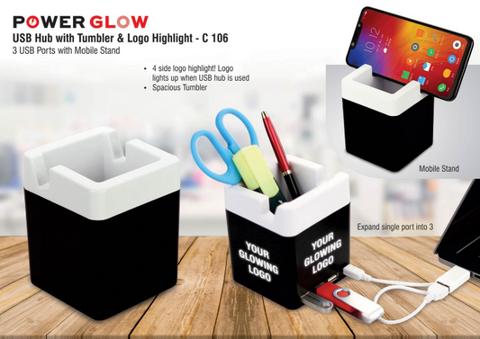 PowerGlow USB Hub With Tumbler And Logo Highlight | 3 USB Ports | With Mobile Stand