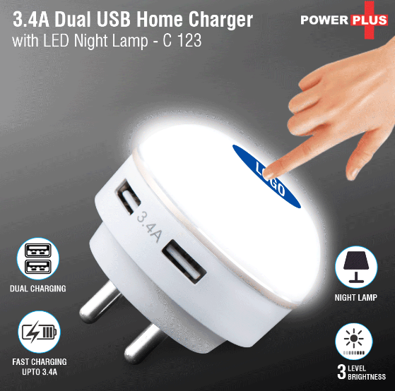 Dual USB fast charger with night lamp