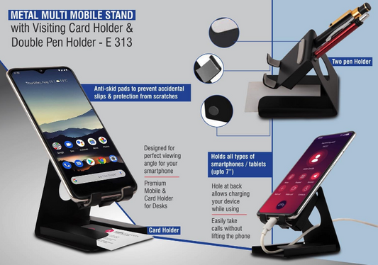 Metal Multi Mobile Stand With Visiting Card Holder And Double Pen Holder