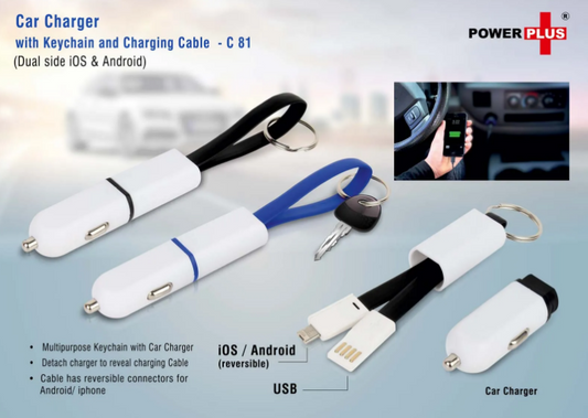 Car charger with keychain and charging cable (dual side iOS & Android)