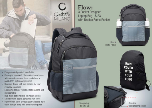 Flow 3 pocket Designer laptop bag with double bottle pocket and rain cover