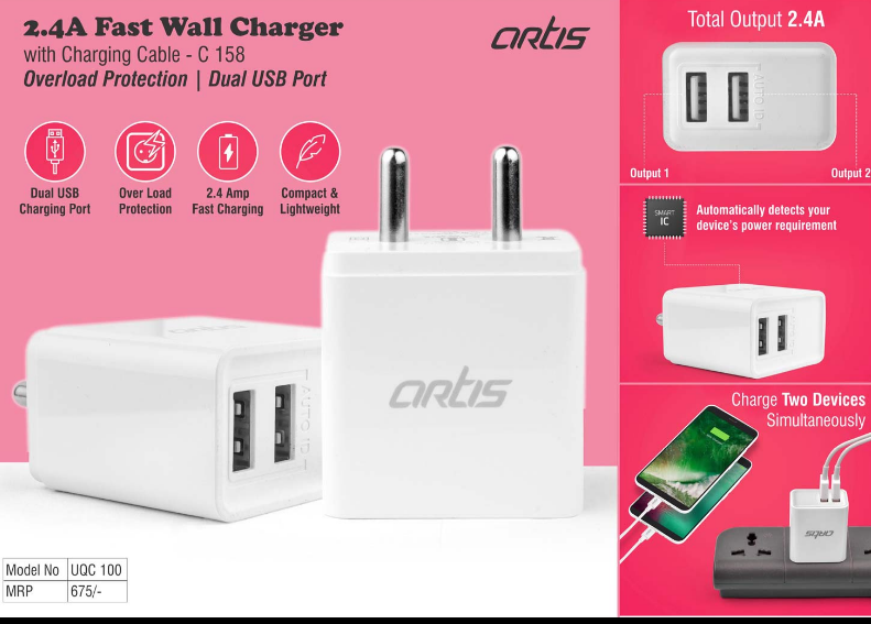 2.4A Fast wall charger with Micro USB charging cable Overload protection BIS Certified