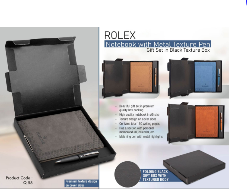 Rolex Notebook With Metal Texture Pen | Gift Set In Black Texture Box