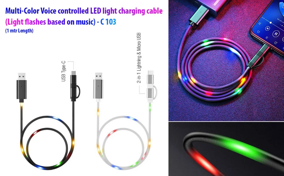 Voice controlled LED light charging cable (Multicolor) | Light flashes based on music | 1 mtr Length