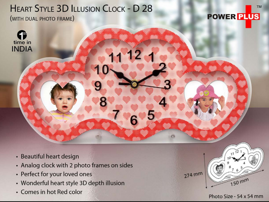 Heart style 3D illusion clock with dual photo frame