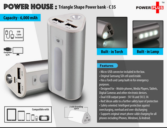 Power Plus Power House : Triangle Shape Power Bank With Lamp And Torch (Dual USB Port) (6000 MAh)