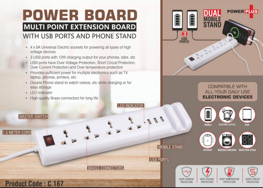 Power Board: Multi Point Extension Board With USB Ports And Phone Stand