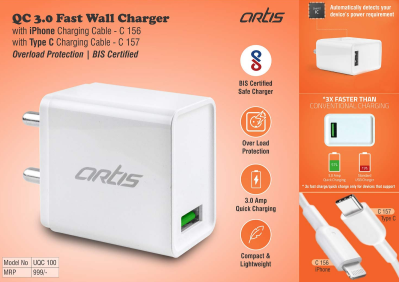 QC 3.0 Fast Wall Charger With Type C Charging Cable | Overload Protection | BIS Certified