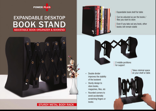 Expandable Desktop Book Stand | Adjustable Book Organizer & Bookend | Sturdy Metal body rack | 2 middle partitions for support
