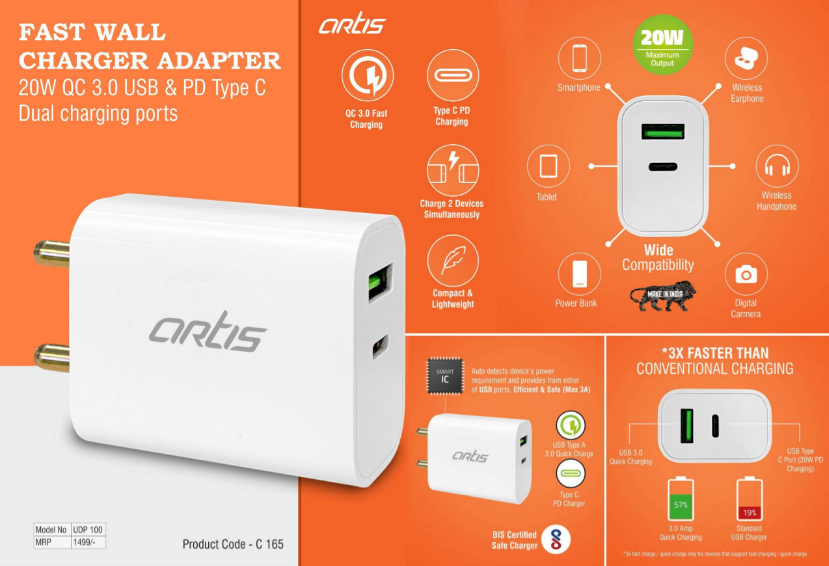 Artis Fast Wall Charger Adapter | 20W QC 3.0 USB & PD Type C | Dual Charging Ports (UPD100)