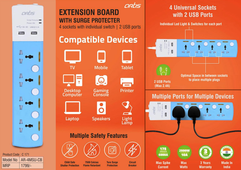 Extension Board With Surge Protecter | 4 Sockets With Individual Switch | 2 USB Ports (AR-4MSU-CB)