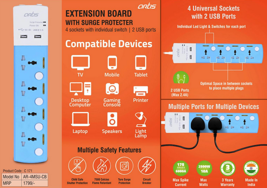 Extension Board With Surge Protecter | 4 Sockets With Individual Switch | 2 USB Ports (AR-4MSU-CB)