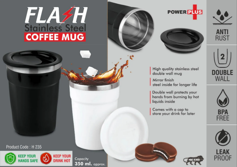 Flash: Stainless Steel Coffee mug | 4 panel design | Leakproof | Capacity 350ml approx