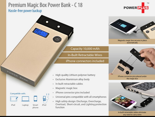 Magic Box Premium Power Bank (10000 MAh) (In-Built Cables) (For All Smartphones)
