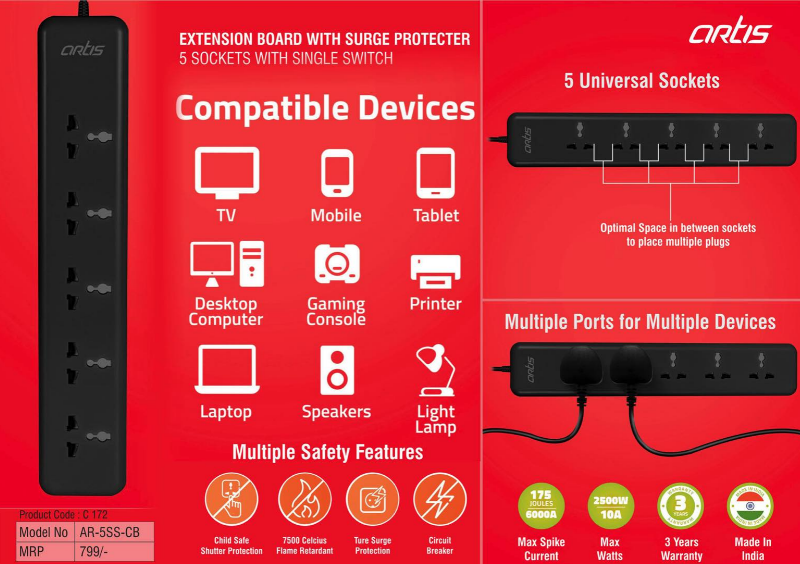 Extension Board With Surge Protecter | 5 Sockets With Single Switch | (AR-5SS-CB)