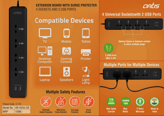 Extension Board With Surge Protecter | 4 Sockets And 2 USB Ports (AR-4SSU-CB)