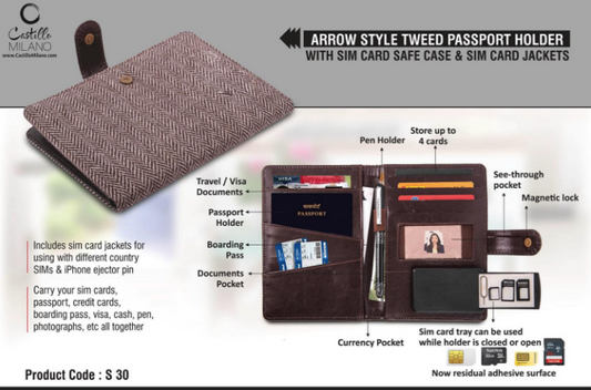 Arrow Style Tweed Passport Holder With Sim Card Safe Case & Sim Card Jackets