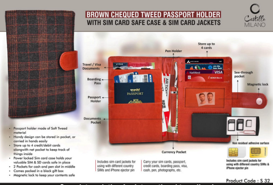 Brown Chequed Tweed Passport Holder With Sim Card Safe Case & Sim Card Jackets