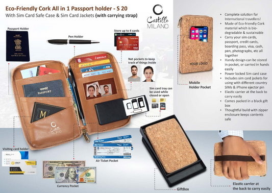 Eco-Friendly Cork All In 1 Passport Holder With Sim Card Safe Case & Sim Card Jackets (With Carrying Strap)