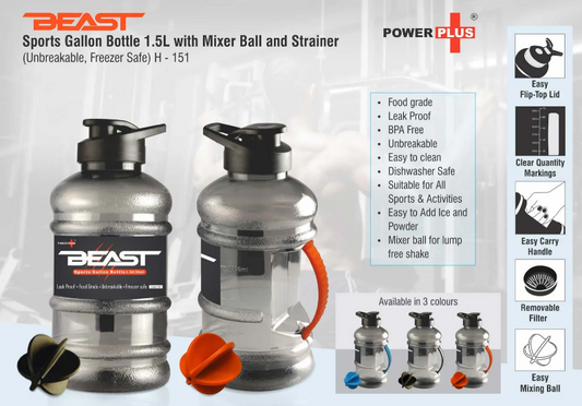 Beast Sports gallon bottle 1.5 L with mixer ball and strainer (Unbreakable, Freezer safe)