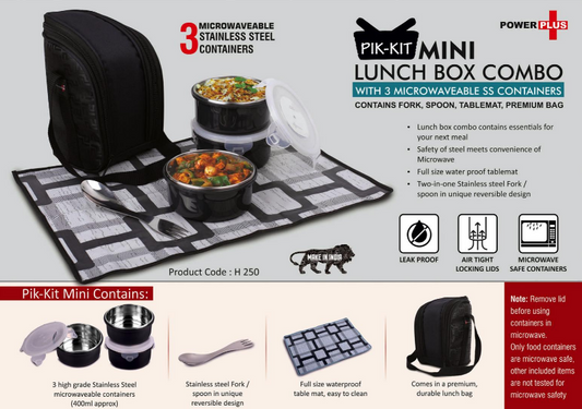 PIK-KIT Mini: Lunch Box Combo With 3 Microwaveable SS Containers | Contains Fork, Spoon, Tablemat, Premium Bag