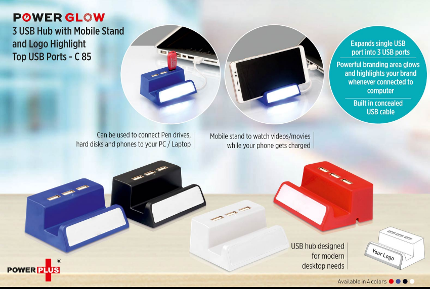 PowerGlow 3 USB Hub With Mobile Stand And Logo Highlight (Top USB)