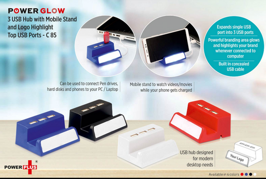PowerGlow 3 USB Hub With Mobile Stand And Logo Highlight (Top USB)