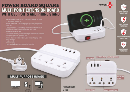 Power Board Square: Multi Point Extension Board With USB Ports And Phone Stand