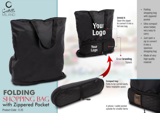 Folding Shopping Bag With Zippered Pocket | Phone, Wallet Pocket Outside