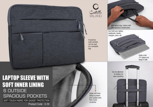 Laptop Sleeve With Soft Inner Lining | 6 Outside Spacious Pockets | Soft Touch Fabric For Gadget Protection