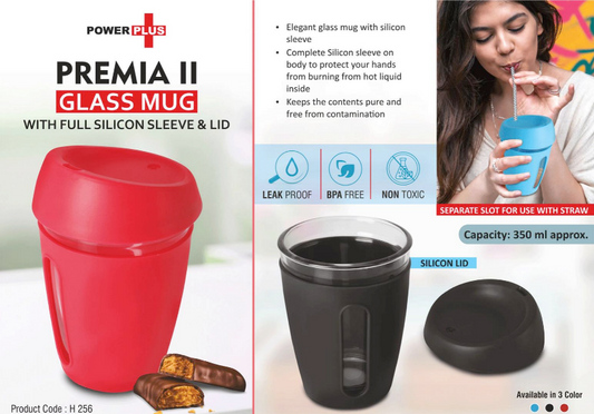 Premia II: Glass mug with Full Silicon Sleeve & lid | Capacity: 350 ml