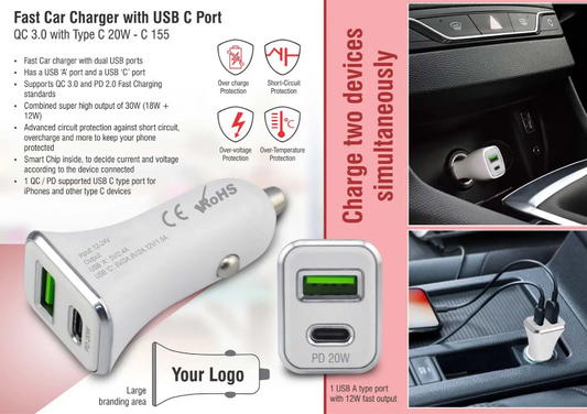 Fast car charger with USB C port | QC 3.0 withType C 20W