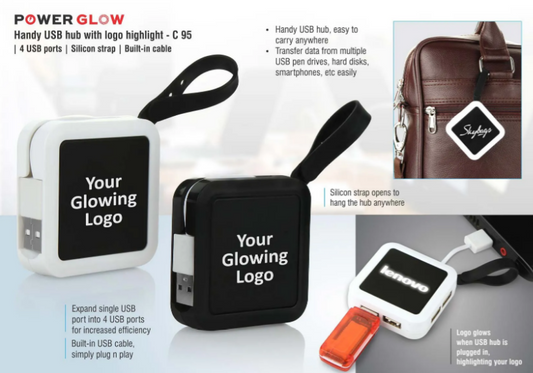 Powerglow Handy USB hub with logo highlight | 4 USB ports | Silicon strap | Built-in cable