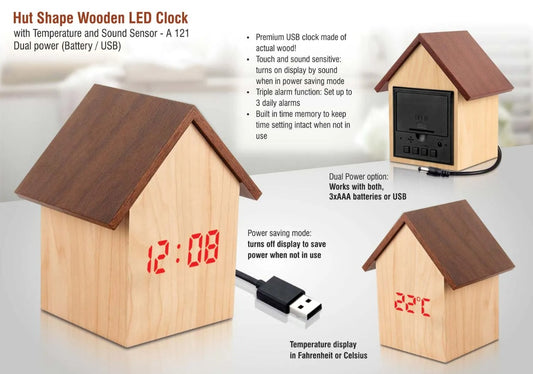 Hut shape wooden LED clock with temperature and sound sensor | Dual power (Battery / USB)