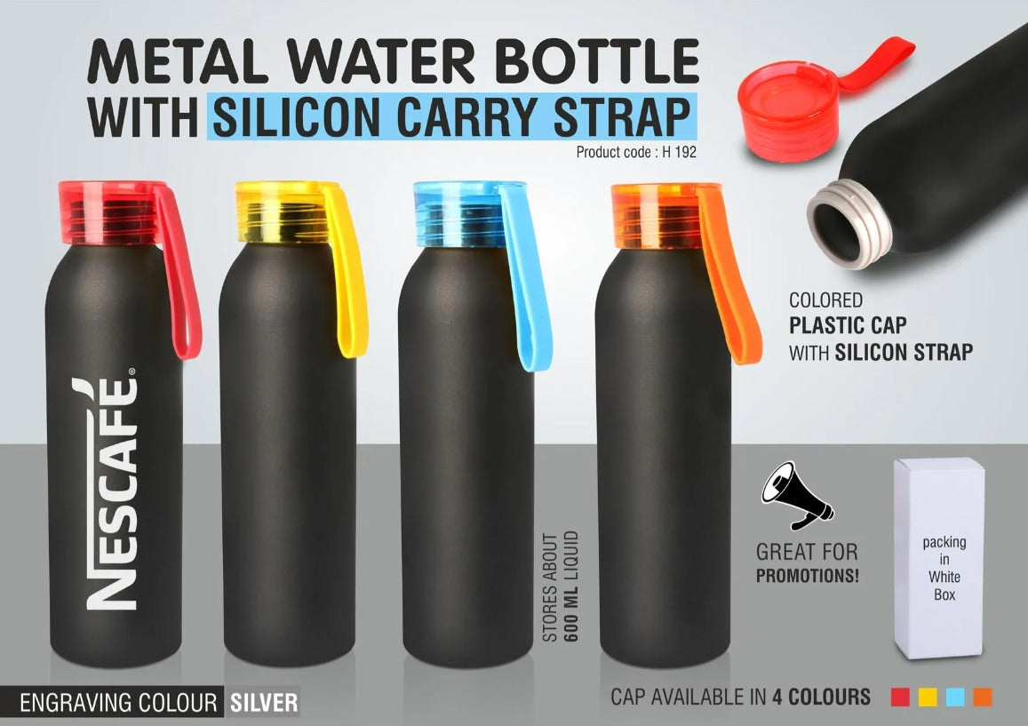 Metal water bottle with silicon carry strap (600 ml approx)