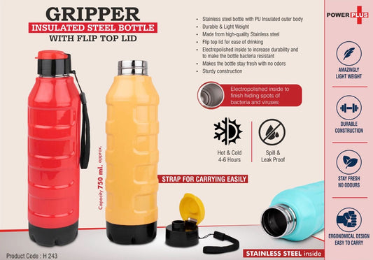 Gripper: Insulated Steel Bottle with Flip top lid | Keeps Hot & Cold for 4-6 Hours | Strap for Carrying easily | Capacity 750 ml approx