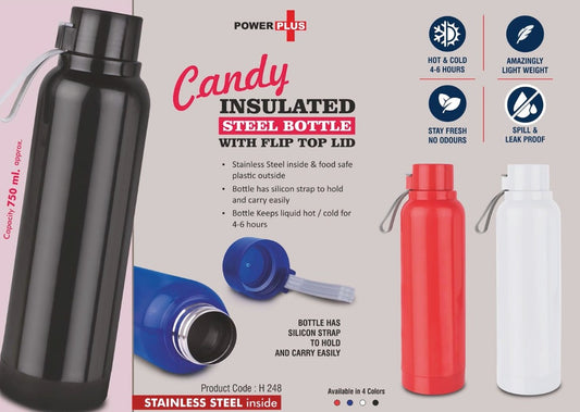 Candy: Insulated Steel Bottle with Flip top lid | Keeps Hot & Cold for 4-6 Hours | Strap for Carrying easily | Capacity 750 ml approx