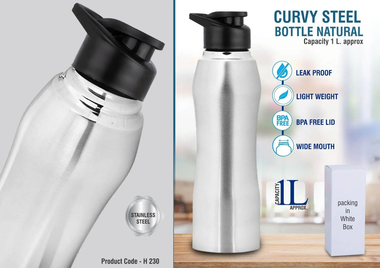 Curvy steel bottle Natural | Capacity 1L approx