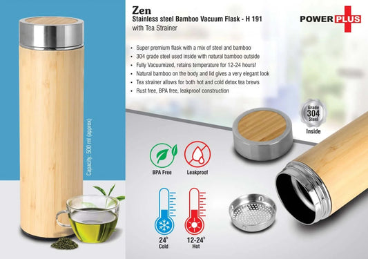 Zen Stainless steel Bamboo Vacuum flask with Tea Strainer Capacity 500ml approx