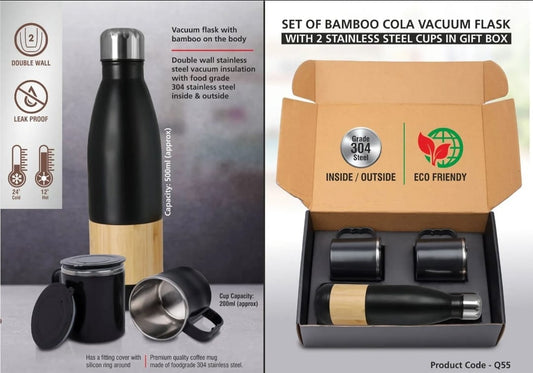 Set of Bamboo cola Vacuum Flask with 2 Stainless steel cups in Gift box