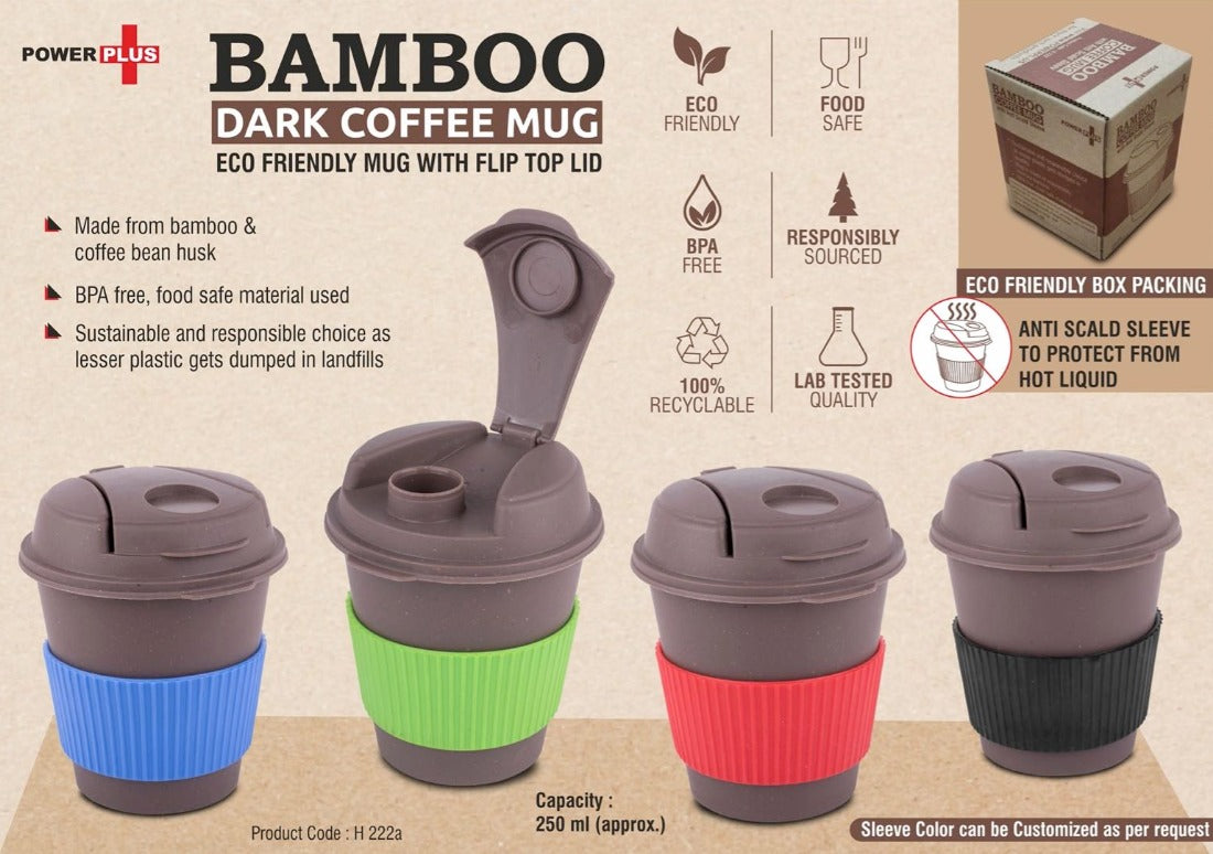 Bamboo Coffee mug: Eco friendly mug with flip top Lid and Anti-Scald sleeve | Capacity 250 ml