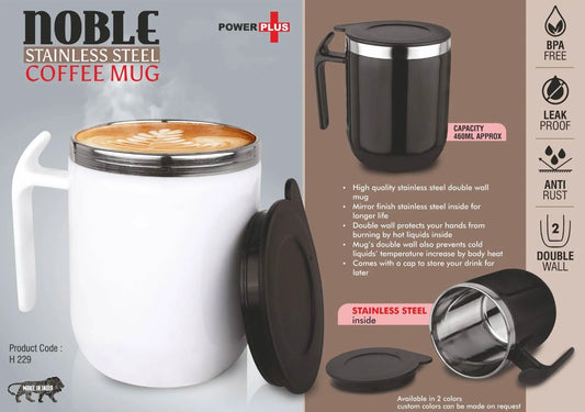 Noble: Stainless Steel Double wall Coffee mug with Pointy handle | Leakproof | Capacity 460ml approx