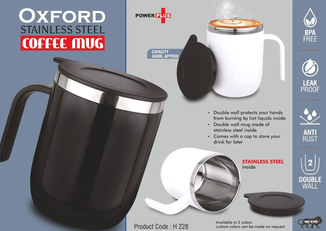 Oxford: Stainless Steel Double wall Coffee mug with Round handle | Leakproof | Capacity 460ml approx