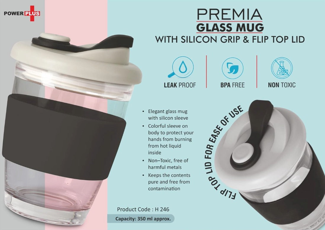 Premia: Glass mug with Silicon grip & Flip Top lid | Capacity: 350 ml