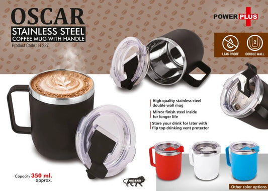 Oscar: Stainless Steel coffee mug with handle | Premium clear cap with flip top lid | Leakproof | Capacity 350ml approx